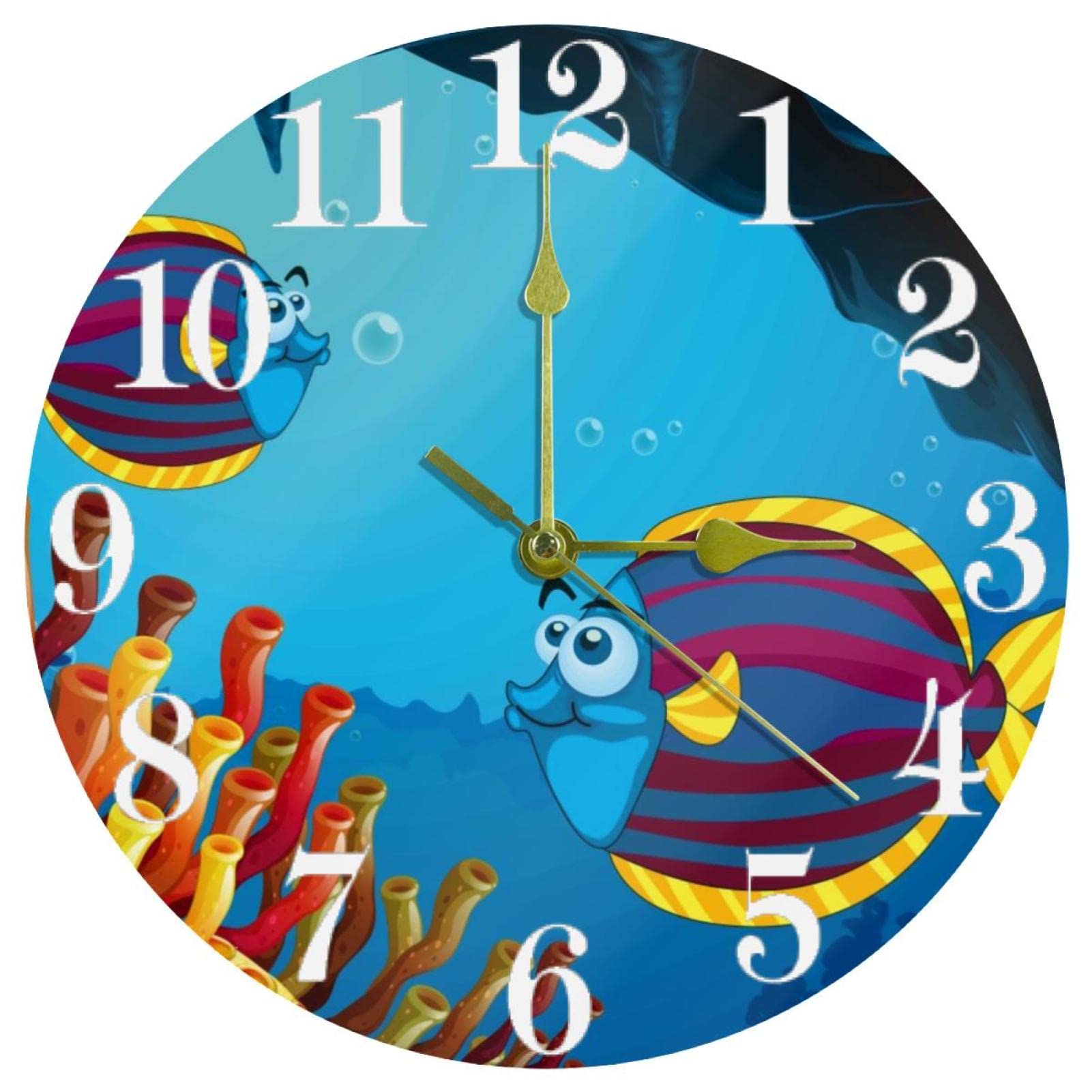 Horloge murale silencieuse sans tic-tac avec motif poisson coloré ronde de 25,4 cm à piles