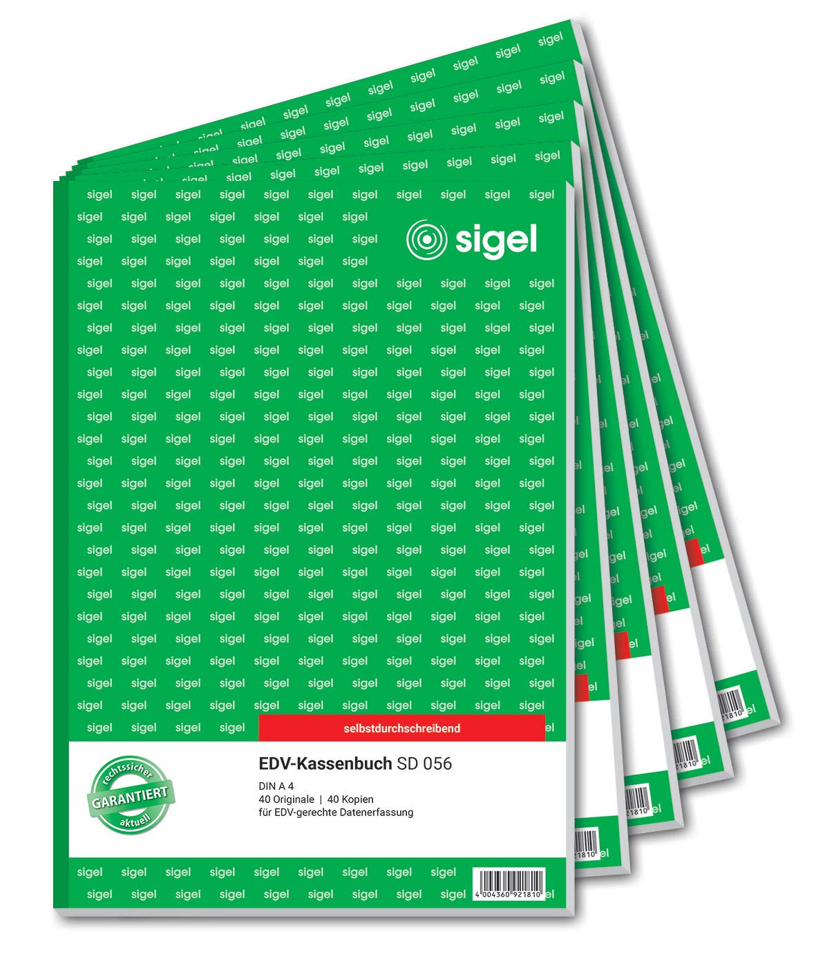 SIGEL SD056/5 Kassenbuch EDV A4, 2x40 Blatt, selbstdurchschreibend, 5er Pack, mikroperforiert, mit Abheftlochung, aus nachhaltigem Papier