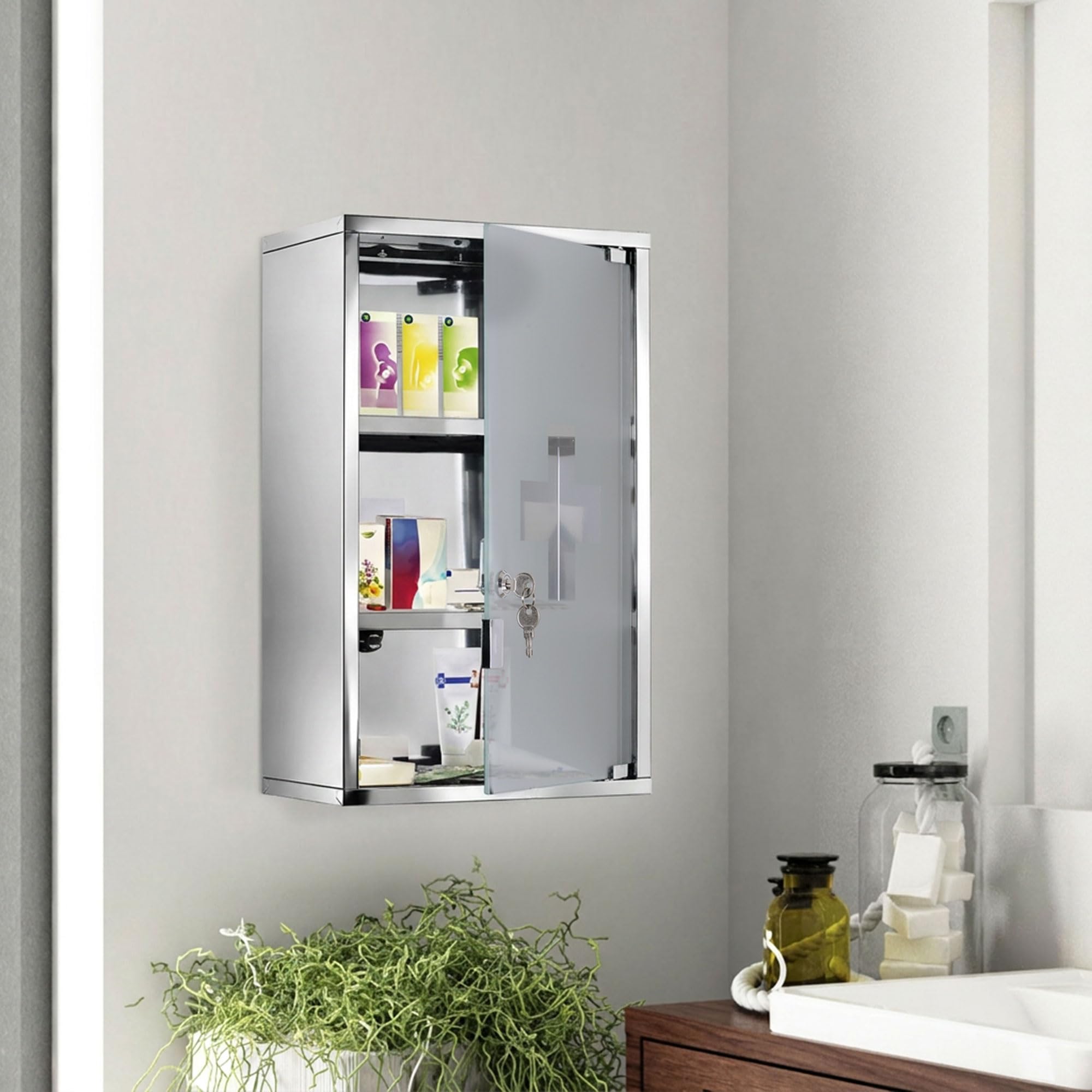 HOMCOM Medizinschrank Arzneischrank aus Edelstahl, Abschließbar Medikamentenschrank mit 3 Fächern, Glastür Apothekerschrank zur Medikamenten-Aufbewahrung, 30 x 18 x 50 cm