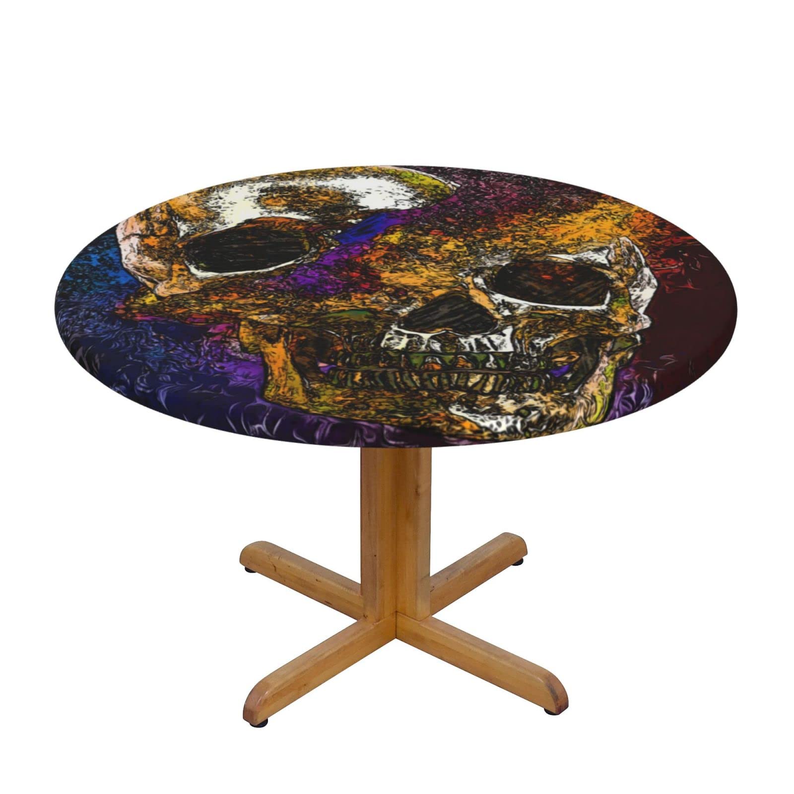 Lsjuee Round Fitted Tablecloth 45-50in Elastic Edged Table Cloth for Kitchen Dining Party Home Decor - Skull Psychedelic Colorful