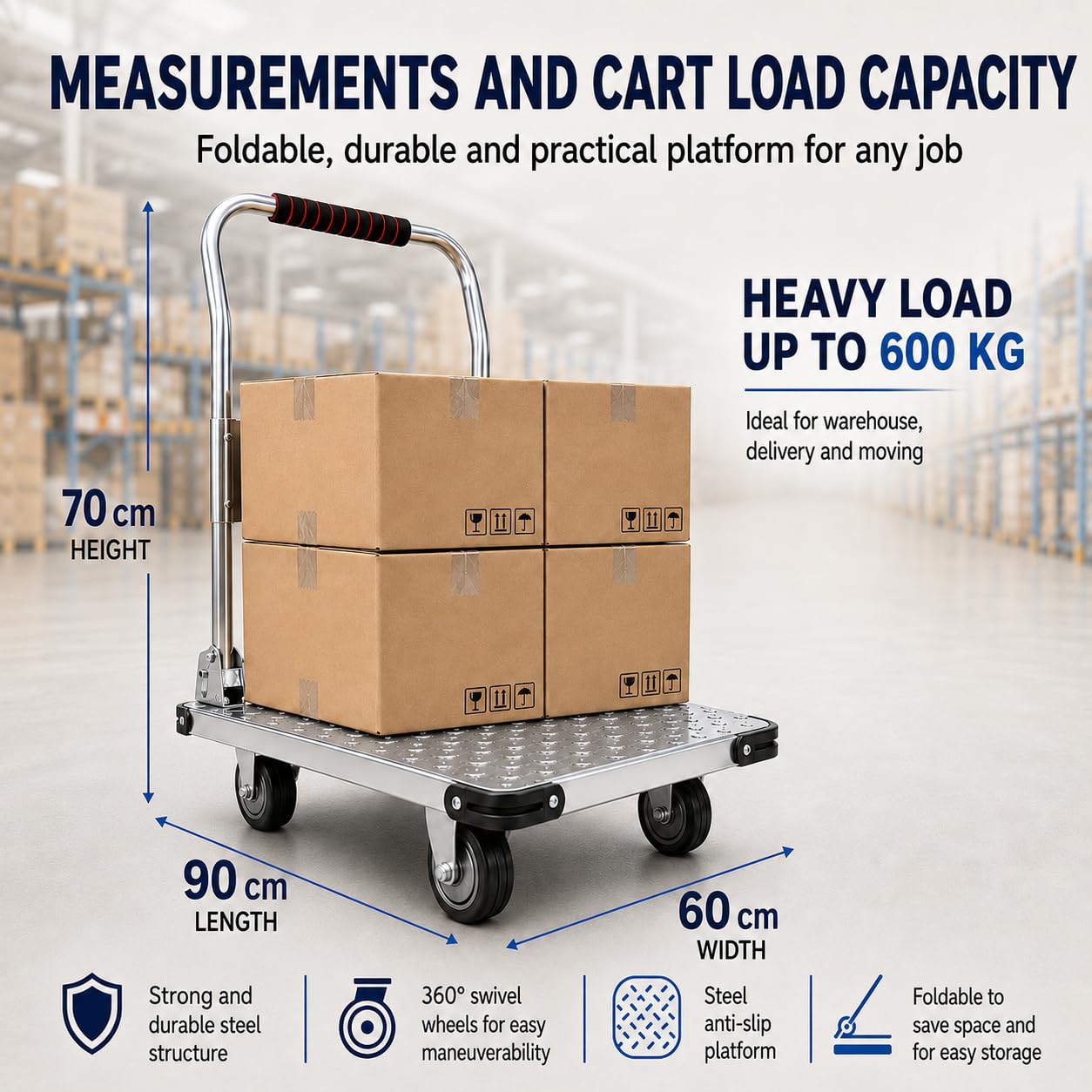 MAGIC SELECT Carro Plataforma Plegable 600 kg 90 x 60 cm | Ruedas 360º, Plataforma Antideslizante, Asa Plegable Ergonómica, Cuerda Elástica y Kit de Montaje