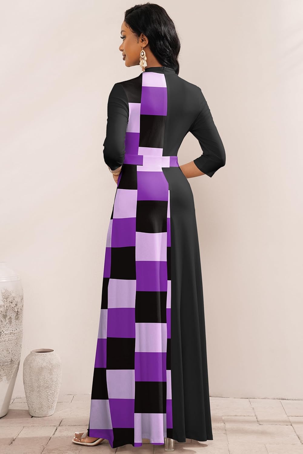 FANDEE Maxi Dresses for Women Semi Formal A-Line 3/4 Sleeve Mock Neck Elegant Dress Colorblock Church Cocktail Dress - Image 6