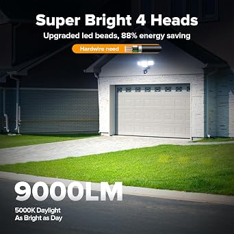 LUTEC 80W 9000LM Security Light Hardwire Motion Sensor Outdoor Lights | 4 Head,180 Motion Sensor, 5000K Daylight, IP65 Waterproof, Motion Detected Flood Lights for Outside, Garage, Yard (Black)