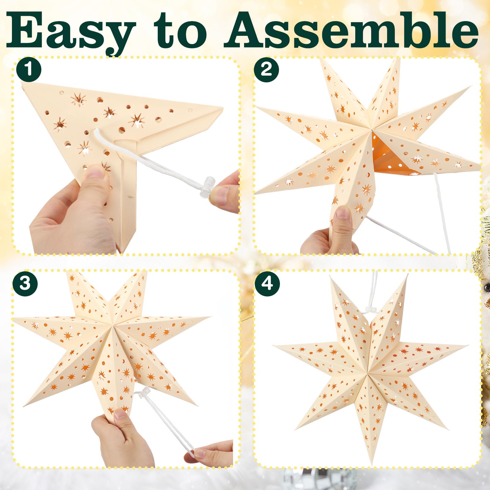 Cinnvoice Weihnachtliche Papiersternlaternen, 7/8/9 Punkte, hängende Ornamente, neutrale 3D-Sternlaterne mit Lichterkette, 30,5 cm und 45,5 cm, hohler Lampenschirm für Party-Dekoration (weiß, 7
