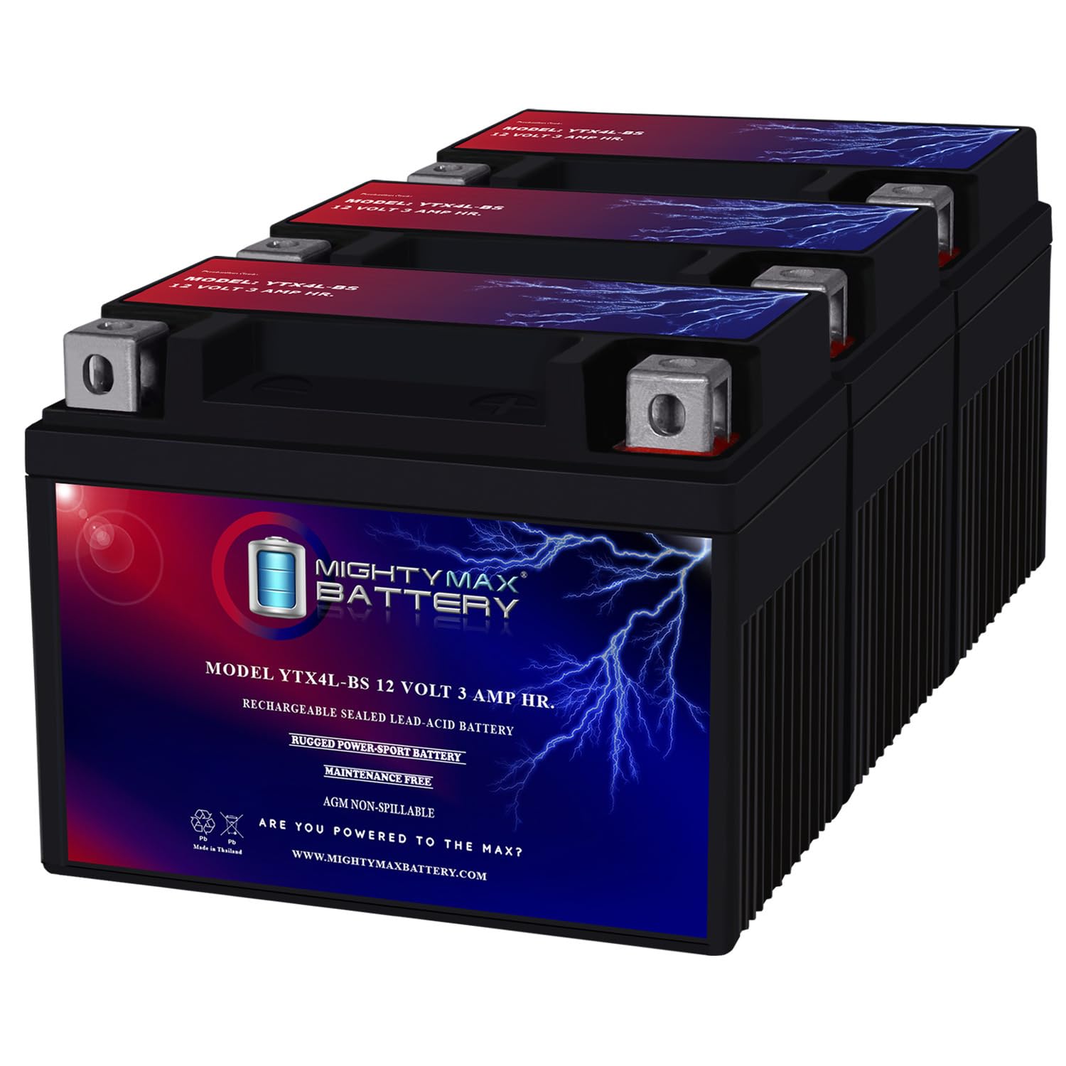 Mighty Max Battery YTX4L-BS 12 VOLT 3AH Motorcycle Battery Replaces YTX4L-BS - Pack of 3