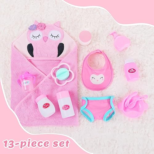 Miniatura 7 de Ecore Fun Juego de accesorios para muñecas de bebé de 12 a 18 pulgadas, juego de cambio y hora de baño con manta de búho, botella, juguete, babero,