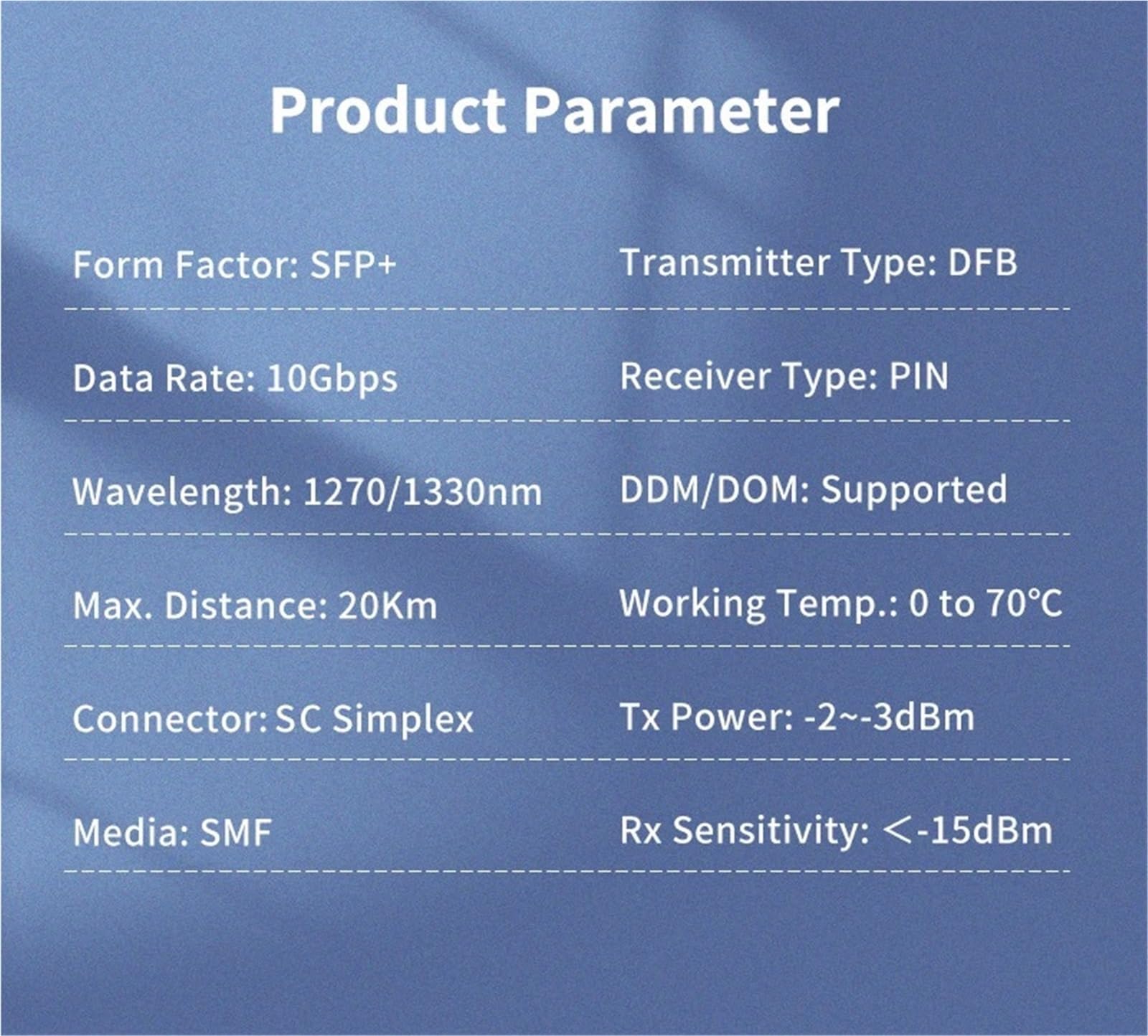 Émetteur-récepteur optique bidirectionnel 10G SFP+, longueur d'onde 1270/1330 nm, fibre monomode 20 km,