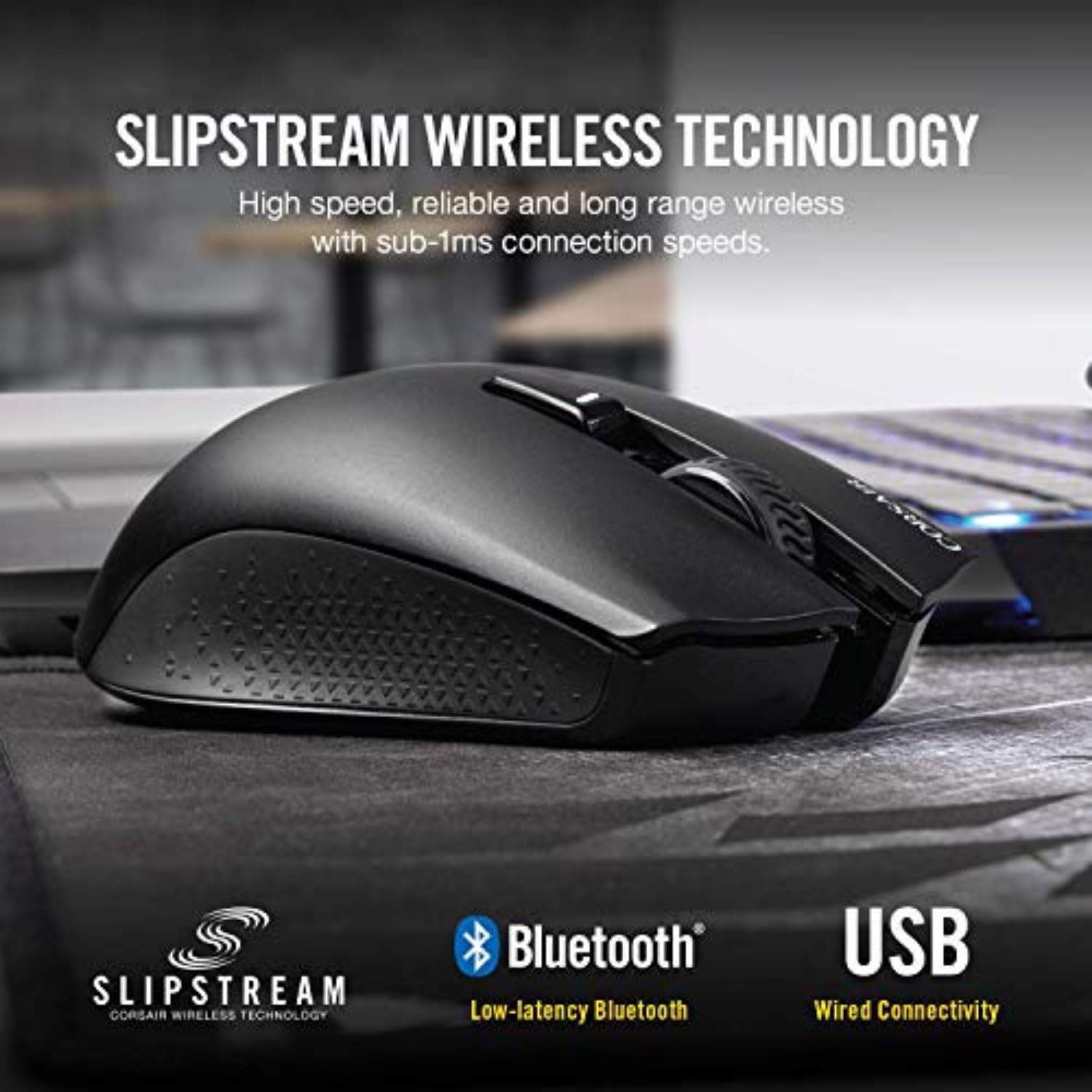 Corsair Harpoon mouse highlighting its three connection modes: Slipstream Wireless, Bluetooth, and USB Wired.