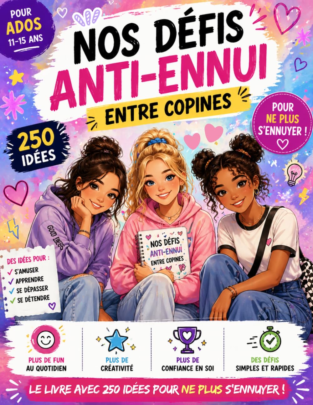 livre de 250 défis anti-ennui pour ados: Livre d’idées d’activités créatives, ludiques et culturelles pour filles de 11 à 15 ans : rire, créer, ... choses entre copines pour ne plus s’ennuyer