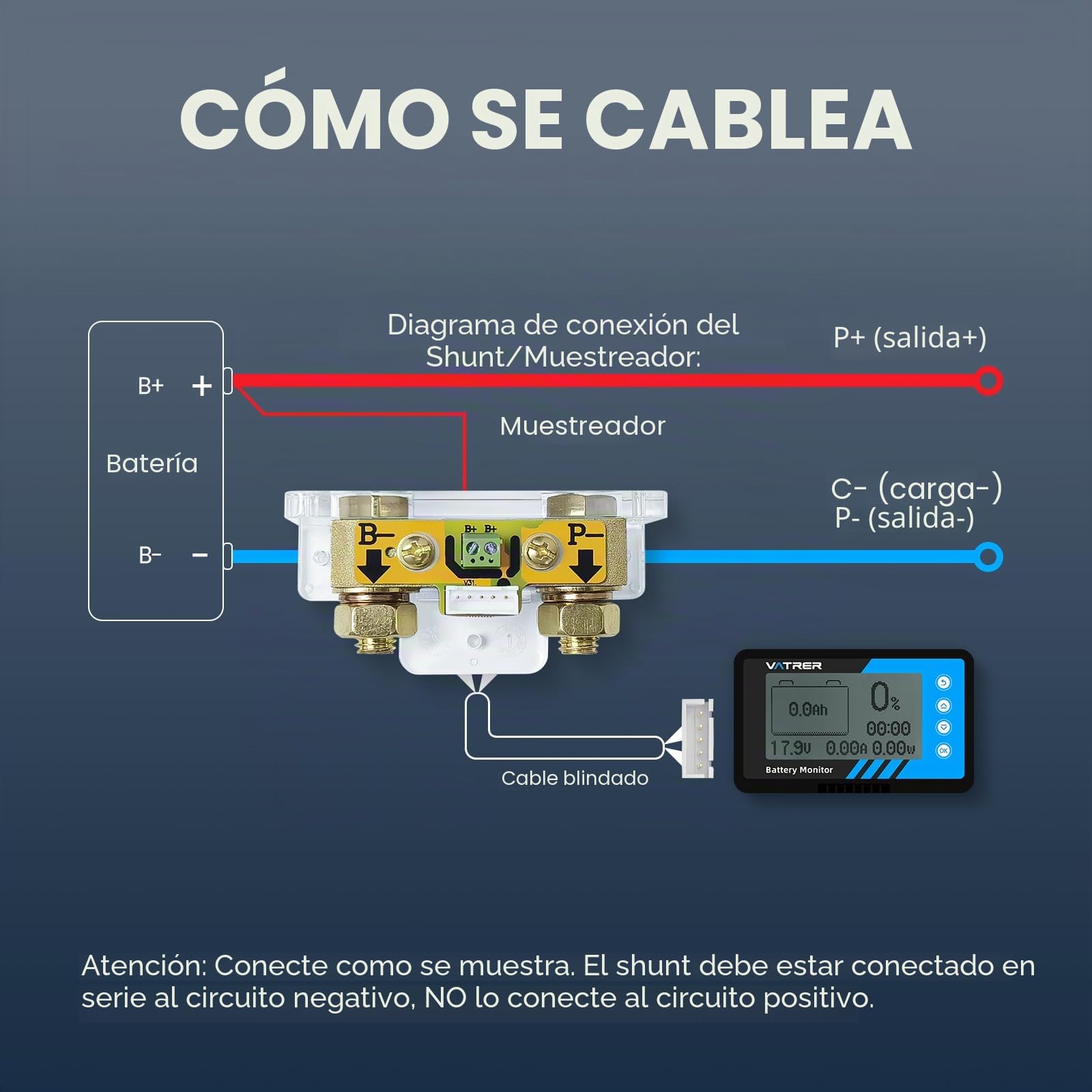 VATRER POWER Monitor Batería 500A Shunt 8-120V LCD Alarma | Monitor 500A shunt 8-120V, LCD con alarma, compatible litio/plomo para RV y carritos golf