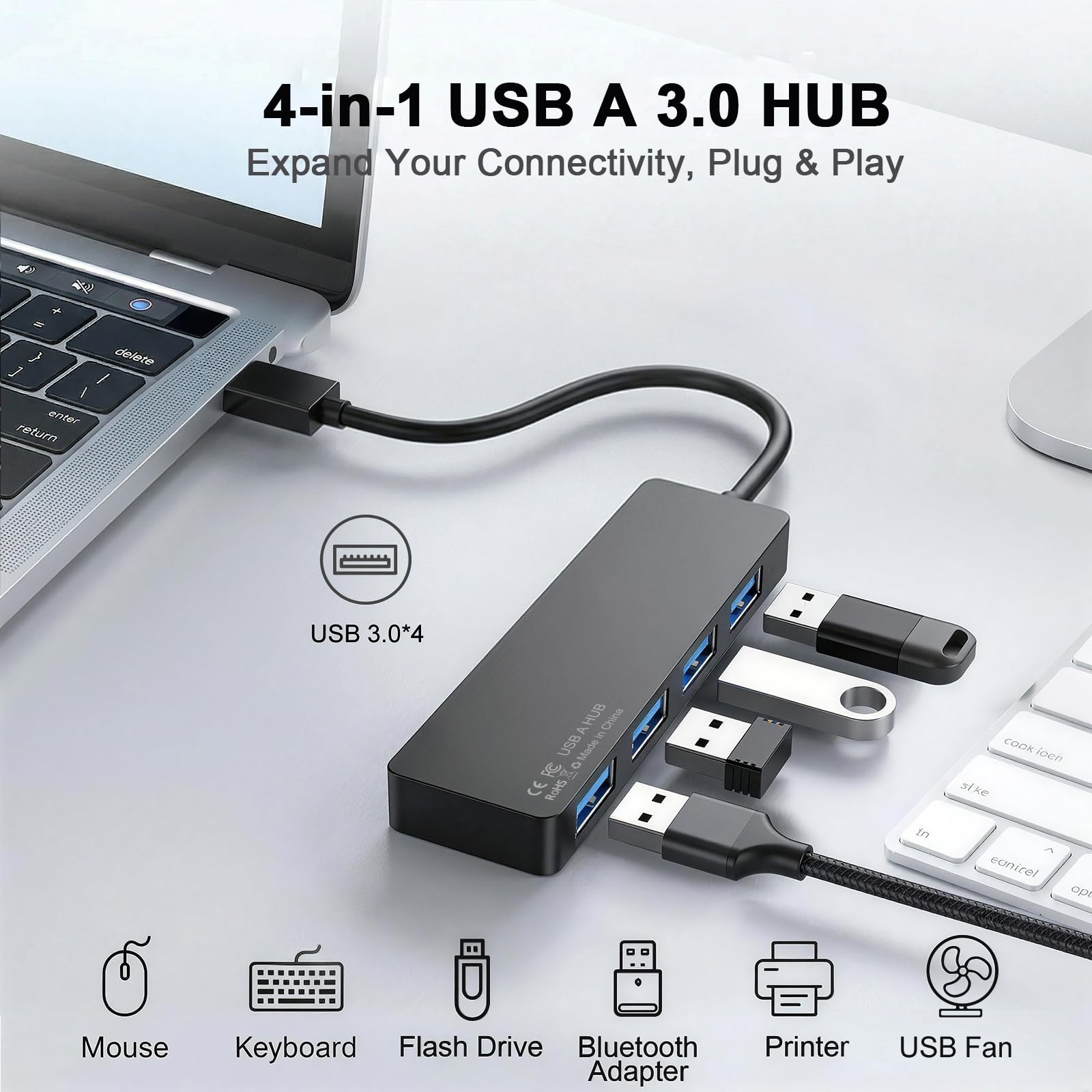 Hub USB 3.0, splitter multiplo USB A a 4 porte, estensione Plug and Play per laptop/PC/desktop, mouse, tastiera, unità flash, disco U, stampante, Xbox, HDD e altro – 0,8 m (non un