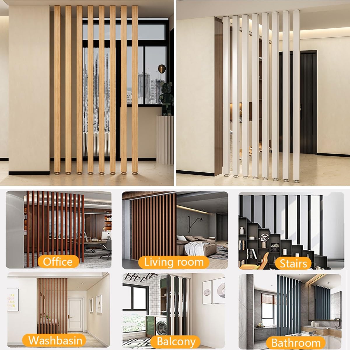 8 Colonne Divisorie per Ambienti, Divisorio con Doghe in Legno da Pavimento a Soffitto, Separatore in Legno con Piedino Regolabile, Parete a Doghe per Appartamento e Ufficio(Natural,110x80cm/43x31")
