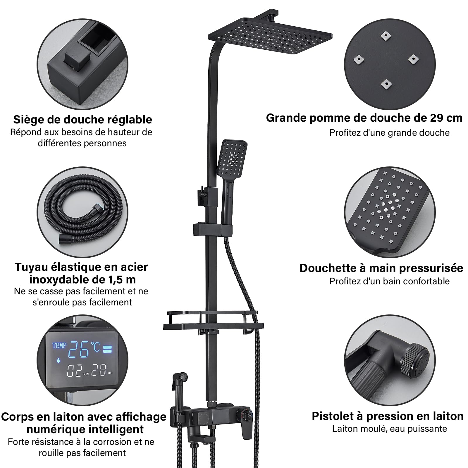 Thermostatique Noir Colonne de Douche avec Mitigeur 38°C Ensemble de Douche avec 4 Fonctions Hauteur Réglable Système de Douche à Tête Carrée avec Douchette à Main pour Salle de Bain