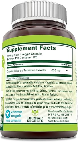 Miniatura 2 de Herbal Secrets Tribulus 630 mg 120 cápsulas vegetales Suplemento  Sin OMG  Sin gluten  Fabricado en Estados Unidos