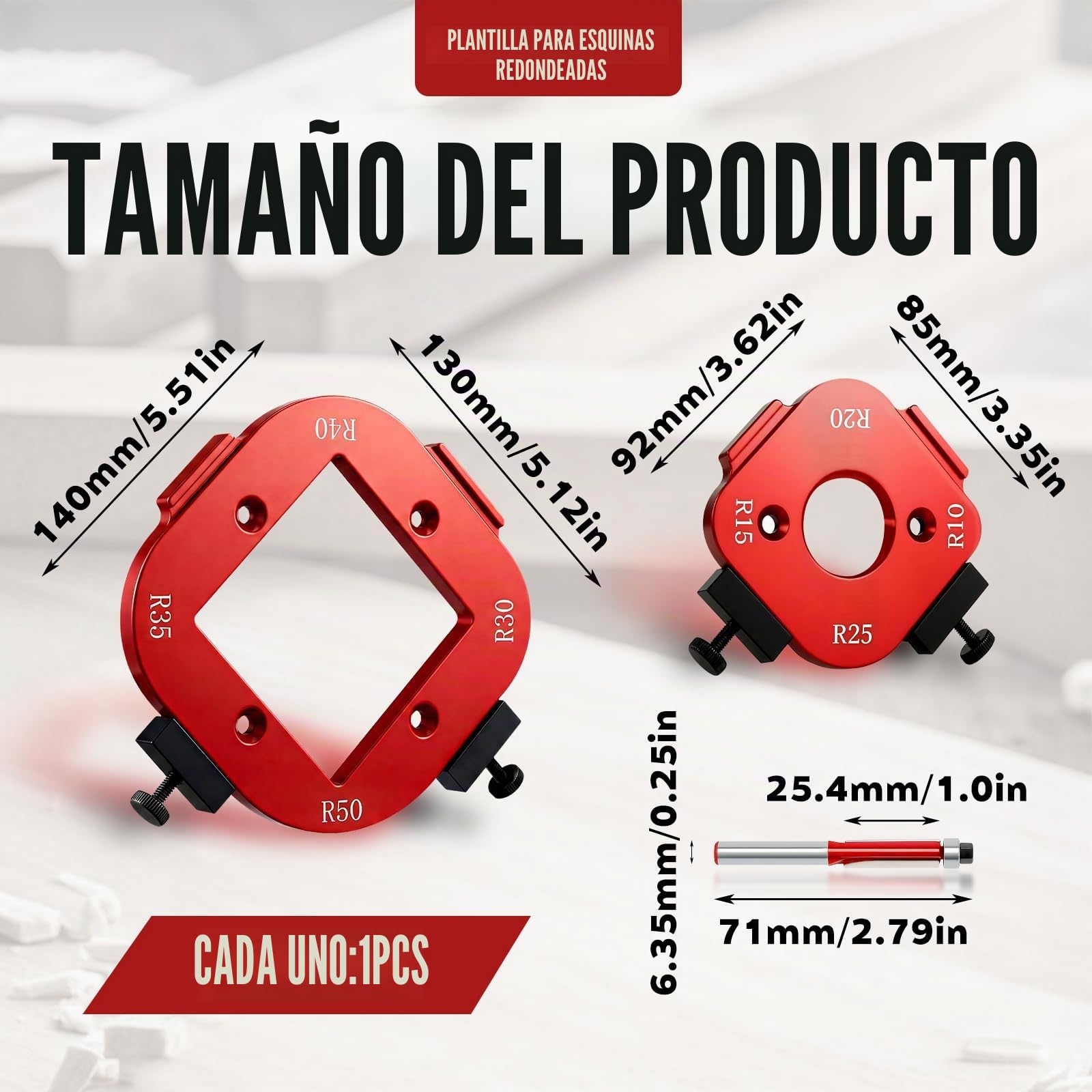 Plantilla de Radio de Esquinas Redondeadas, Molde para Fresadora de Radio con Fresa Incluida, Plantilla para Fresadora de Aleación de Aluminio para Proyectos de Bricolaje en Madera