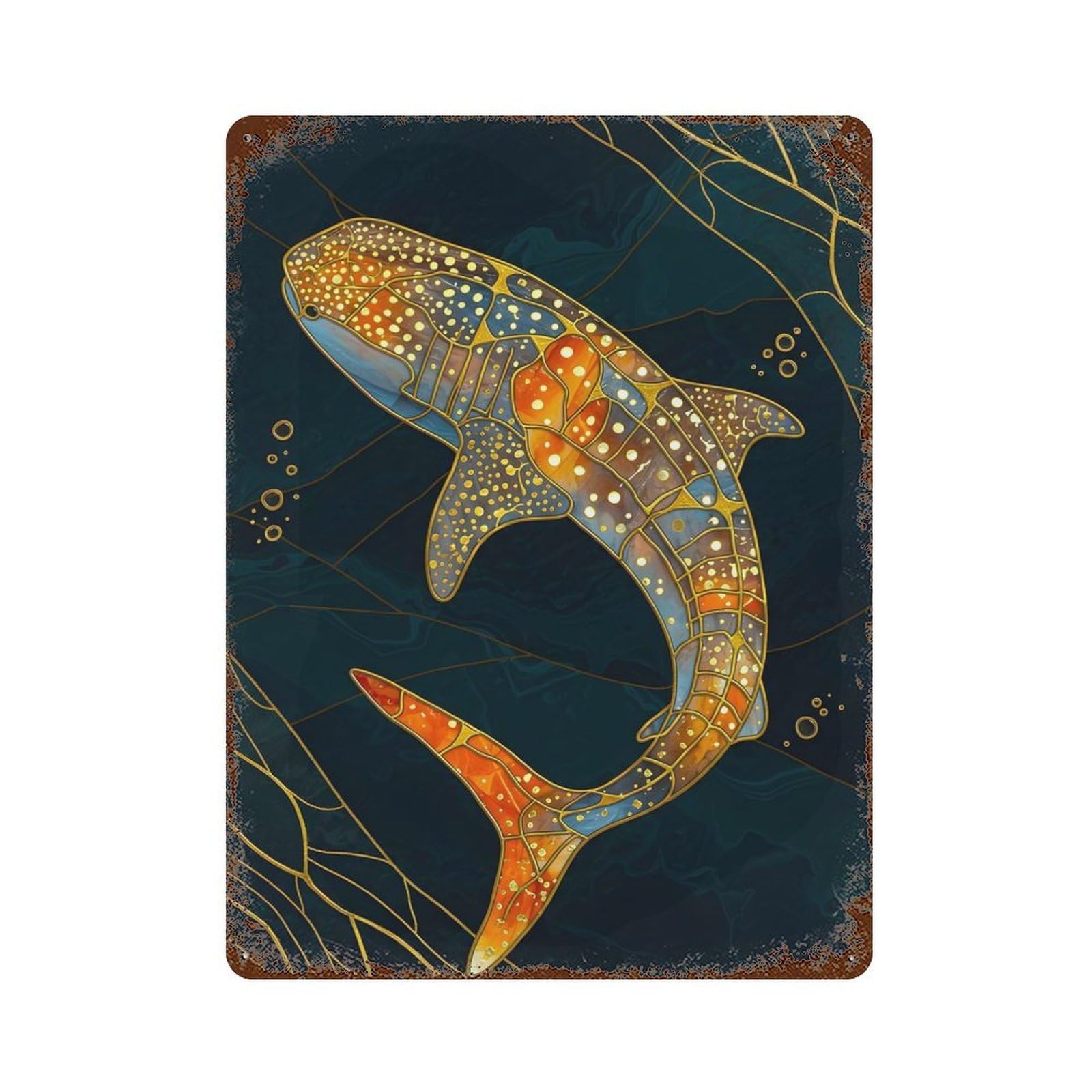 Decorative Tin Sign with Whale Shark Kintsugi Art Design 15.7"x11.8", for Garage, Bar And Workshop Decor, Farmhouse Wall Decor