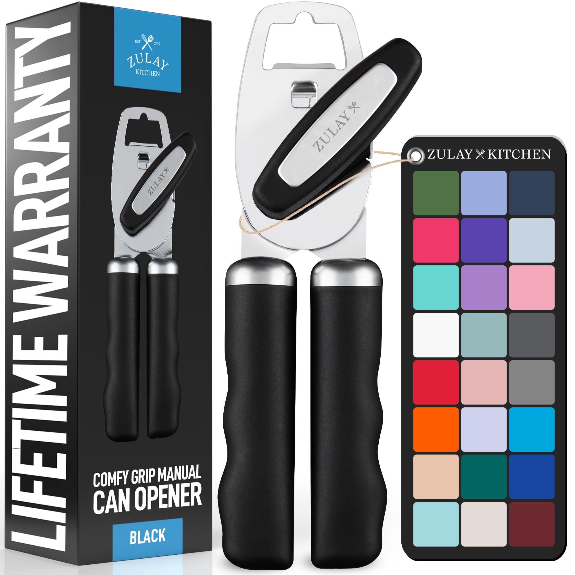 Heavy Duty Stainless Steel Can Opener Manual with Bottle Opener - Rust Proof Manual Can Opener With Turn Knob & Comfy Soft Grip Handles - Black