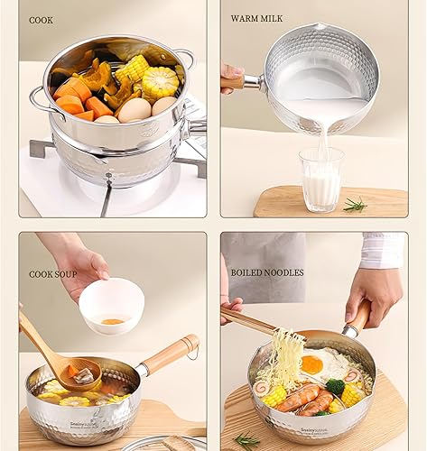 Miniatura 2 de Yukihira - Cacerola tradicional japonesa Yukihira de acero inoxidable, cacerola para salsa de leche, mango de madera (6.3 pulgadas, 1.2 cuartos de