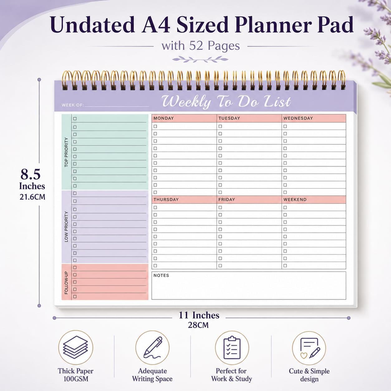 Weekly To Do List Notepad with 52 Undated Sheets（8.5"×11"）- Weekly Desk Planner Pad with Spiral Binding for Women & Man, Office, School and Home Personal Organizer