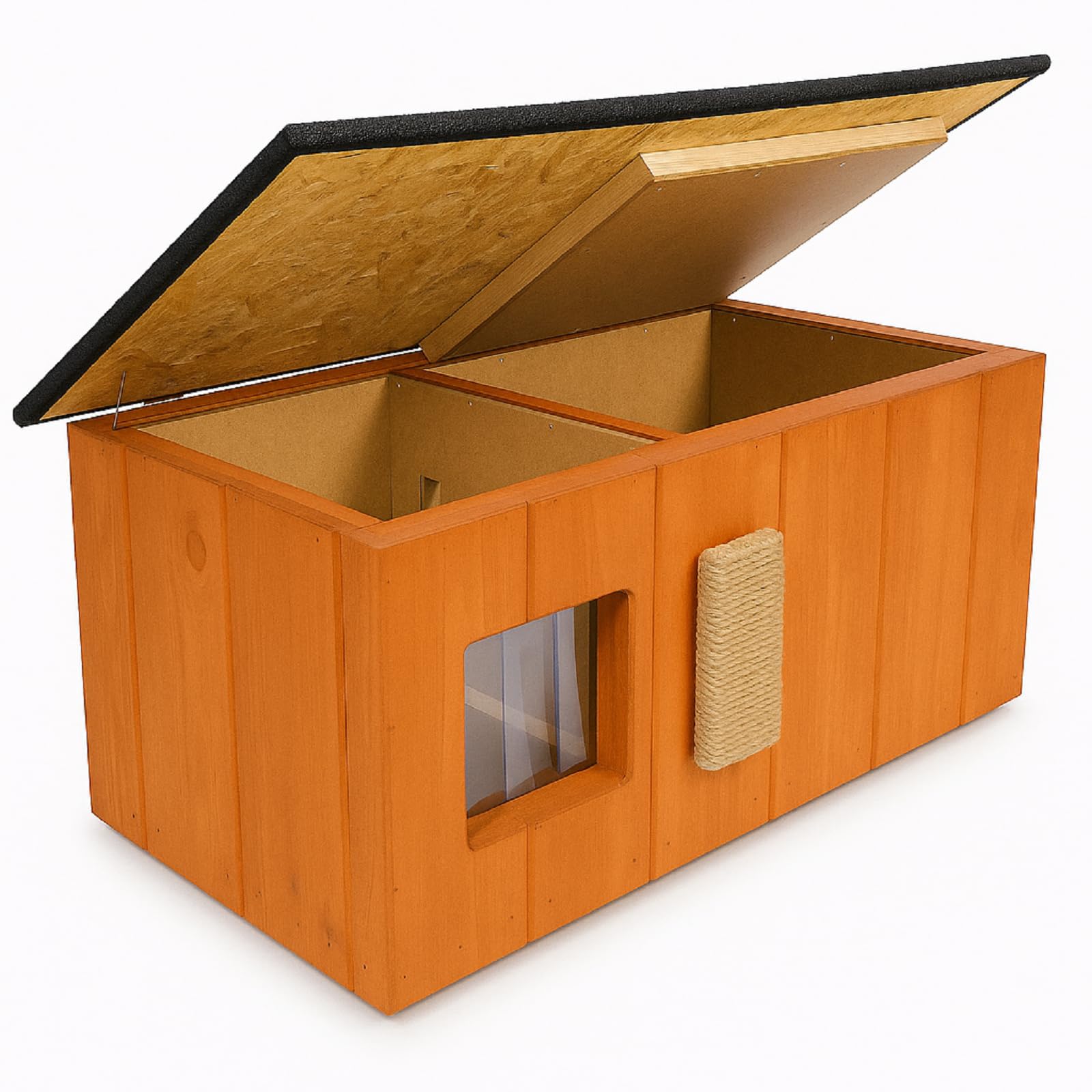 QLS Katzenhaus aus Holz mit Vorraum isoliert 86 x 47 cm Teak | Mit Hauptkammer, Vorraum, aufklappbarem Dach und 2 cm Styroporisolierung. Inklusive Sisal-Kratzbrett und Lamellenvorhang