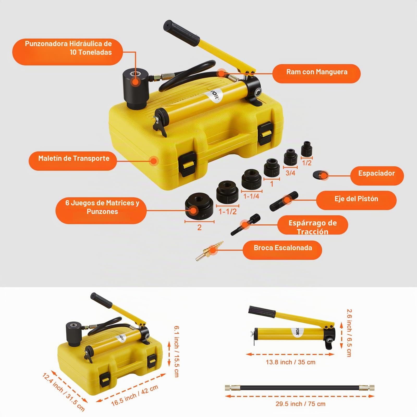 VEVOR Kit de Perforación Hidráulica Presión de 10 T con 6 Punzones Perforadora Hidráulica Manual con Maletín Portátil Kit de Perforadora Hidráulica 12,7-50,8 mm para Metal Acero Aluminio Plástico