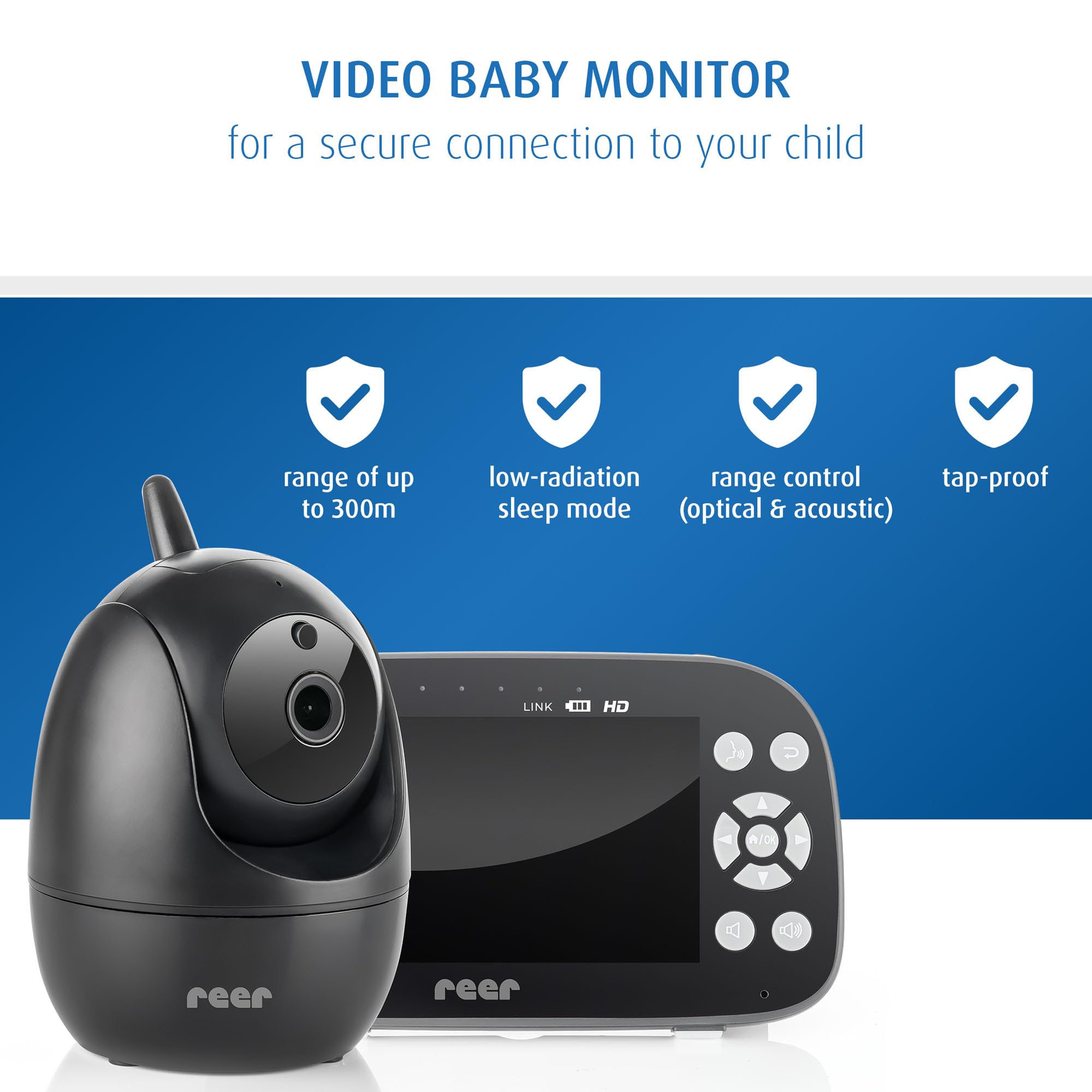 reer BabyCam Pro HD Move | Cyfrowa niania wideo z technologią FHS | Duży ekran HD 5" | Zasięg 300 m | Obrotowa i przechylana kamera z noktowizorem i 4-krotnym zoomem
