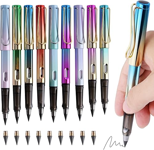 9 lápices infinitos con 9 puntas de repuesto para bolígrafos, lápiz eterno, sin afilar lápices para niños, escribir, dibujar, suministros escolares