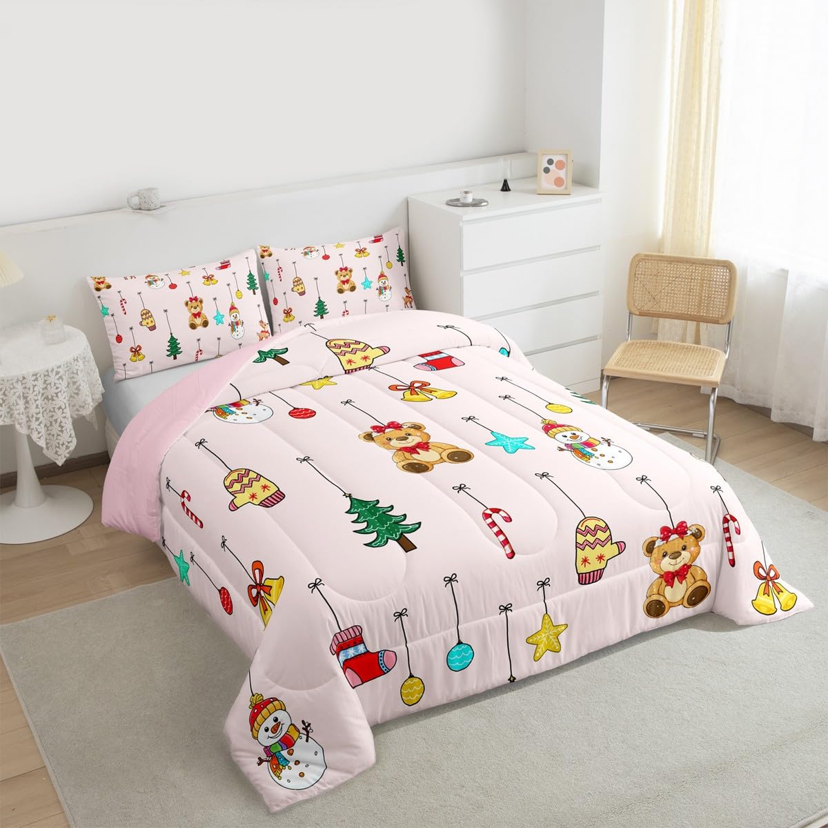 Homewish Różowy świąteczny zestaw kołdry w rozmiarze King Size - uroczy bałwan niedźwiedź dzwonki zestaw pościeli dla dzieci nastolatków lampki świąteczne zestaw kołdry - skarpety choinkowe bez