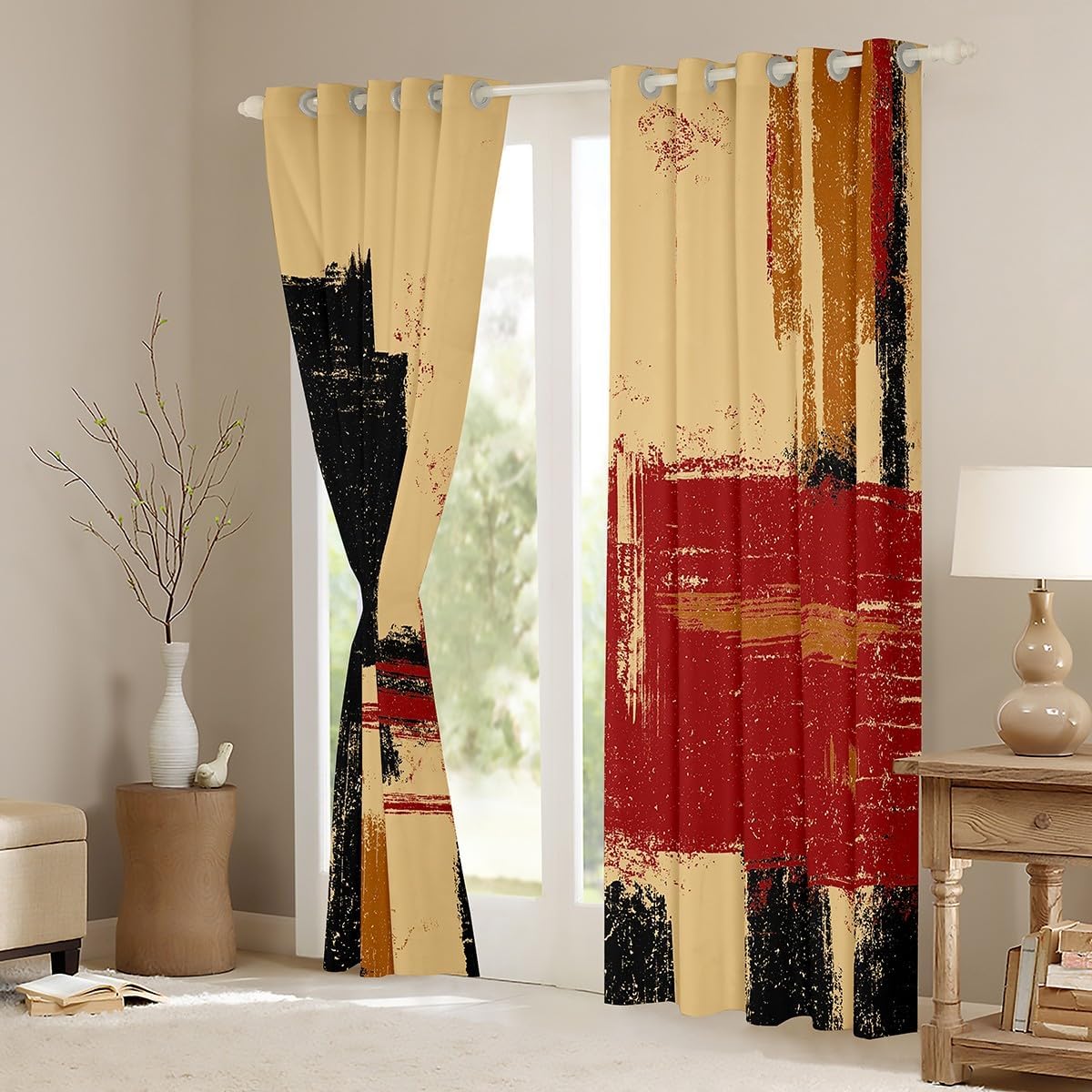 jejeloiu Red Brown Black Blackout Shades Stripes Abstract Curtain for Kids Boys Girls Teens Room Decor Geometric Window Drapes (2 Panels, 52 x 84 Inch) Modern Art Soft Microfiber image 3