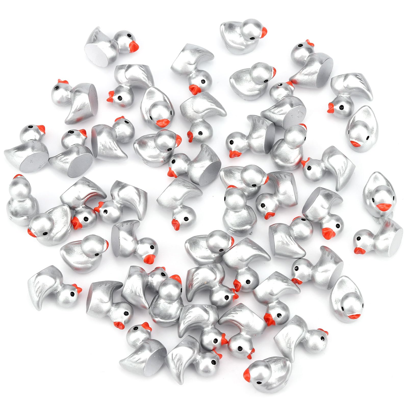 50pcs Silver Mini Resin Ducks, 1.5x1.4x1cm/0.59x0.55x0.39in Tiny Silver Ducks Miniature Little Small Resin Animal Figurines for Micro Garden Landscape Cake Decor & DIY Craft Party