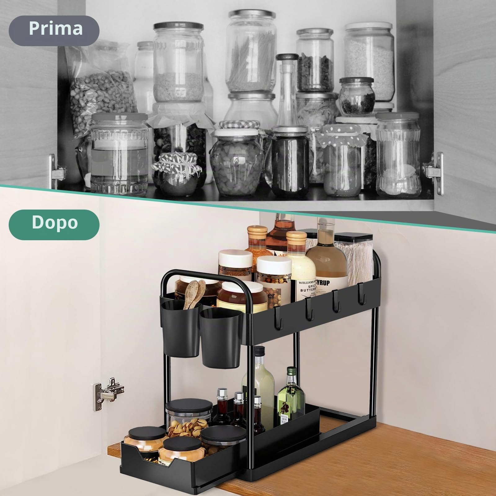 Organizer Sottolavello Cucina 2 Livelli, Estraibile Organizzatore Cucina Con 4 Ganci e 2 Tazze, Sottolavello Portaoggetti Ripiano Cassetto, Organizzatore per lavello Bagno (Nero,1 Pezzo)
