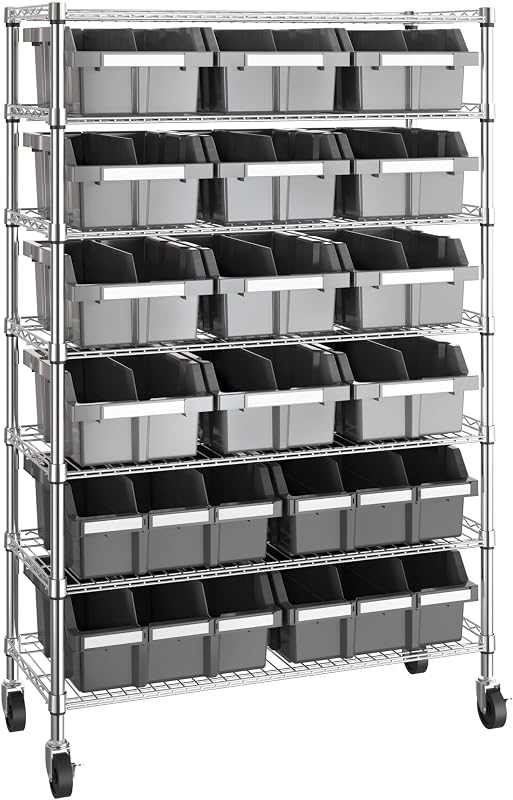 7-Tier NSF 16-Bin Steel Wire Shelving Rack, 36"W x 14"D x 56"H, Gray | 16 slide-out bins with tilt-lock design keep supplies organized and accessible