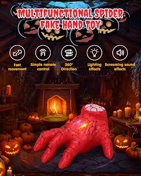 Halloween Crawling Thing Hand Spider Hero Model, Remote Control Toy with Spooky Sound & LED Light, Quick-Move, Battery Powered Gift for Kids Birthday Holiday