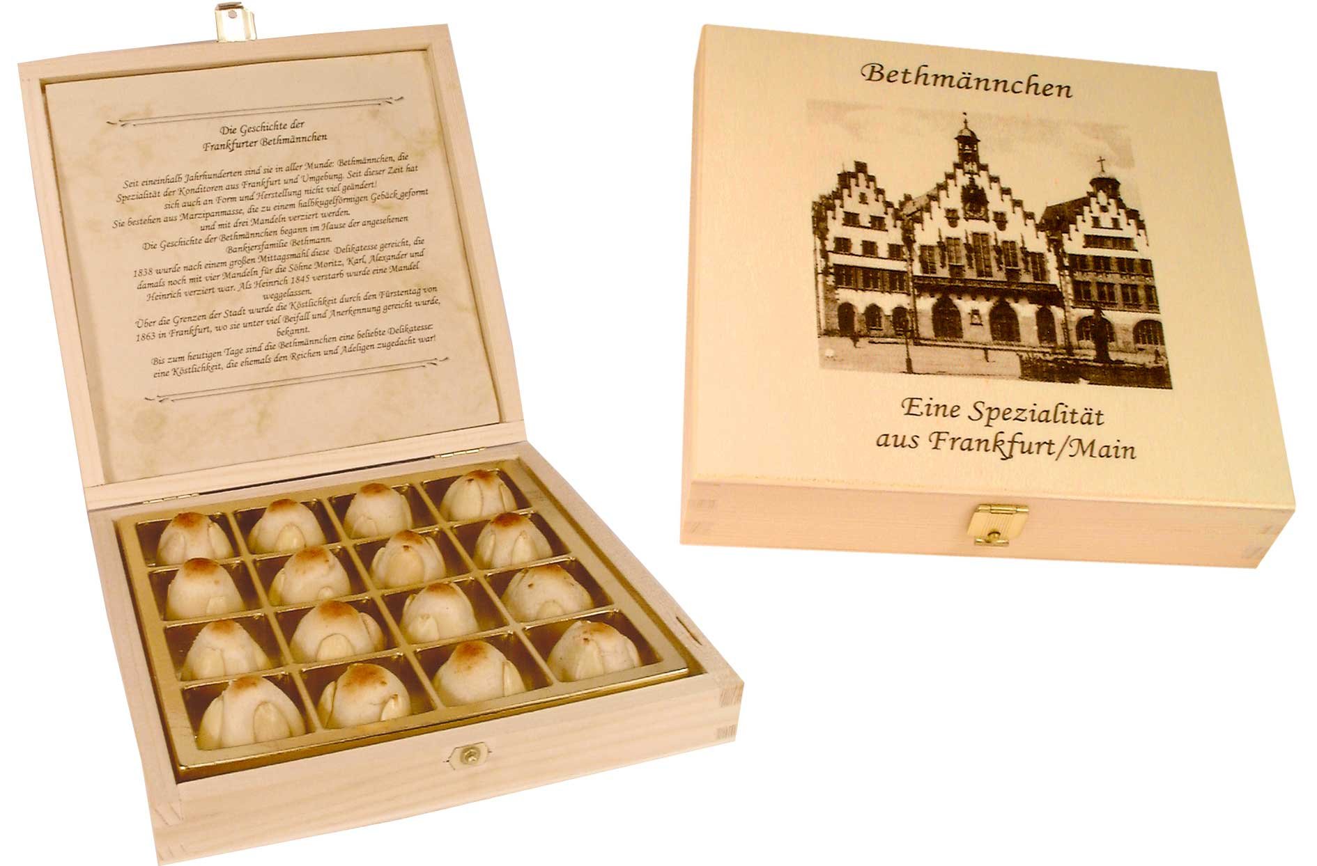 Marzipan Bethmännchen in einer Holzkiste "Frankfurter Römer" 200g
