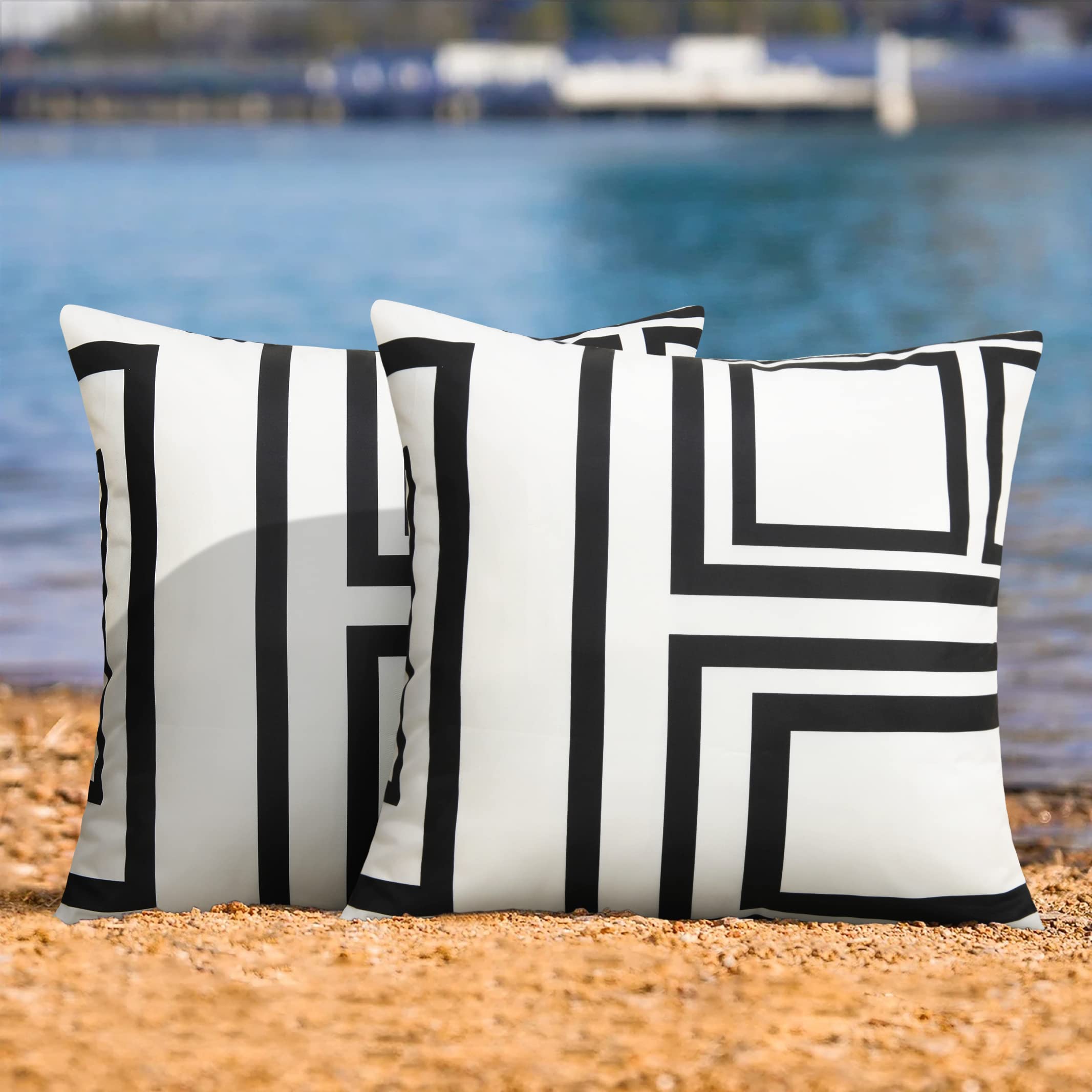 Merrycolor Set of 2 Outdoor WaterproofThrow PillowCovers Geometry Decorative Square Pillowcases Blackand White Outdoor Pillows for Patio Furniture