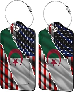 USA American and Algeria Algerian Friendship Flag Luggage Tags for Suitcases,Leather Stainless Steel Loop Identifiers Privacy Coveridentifiers and Address Card for Cruise Airport Travel Essentials