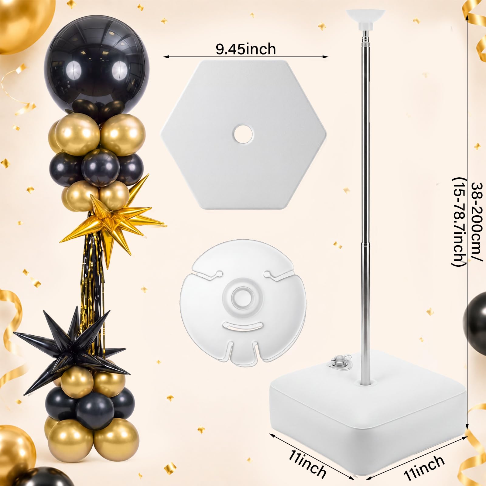 Blueweenly Juego de 3 soportes de columna negro y dorado con 93 globos ajustables con bases para decoración de graduación negra y dorada para 50 cumpleaños, boda, compromiso, fiesta de regreso a la