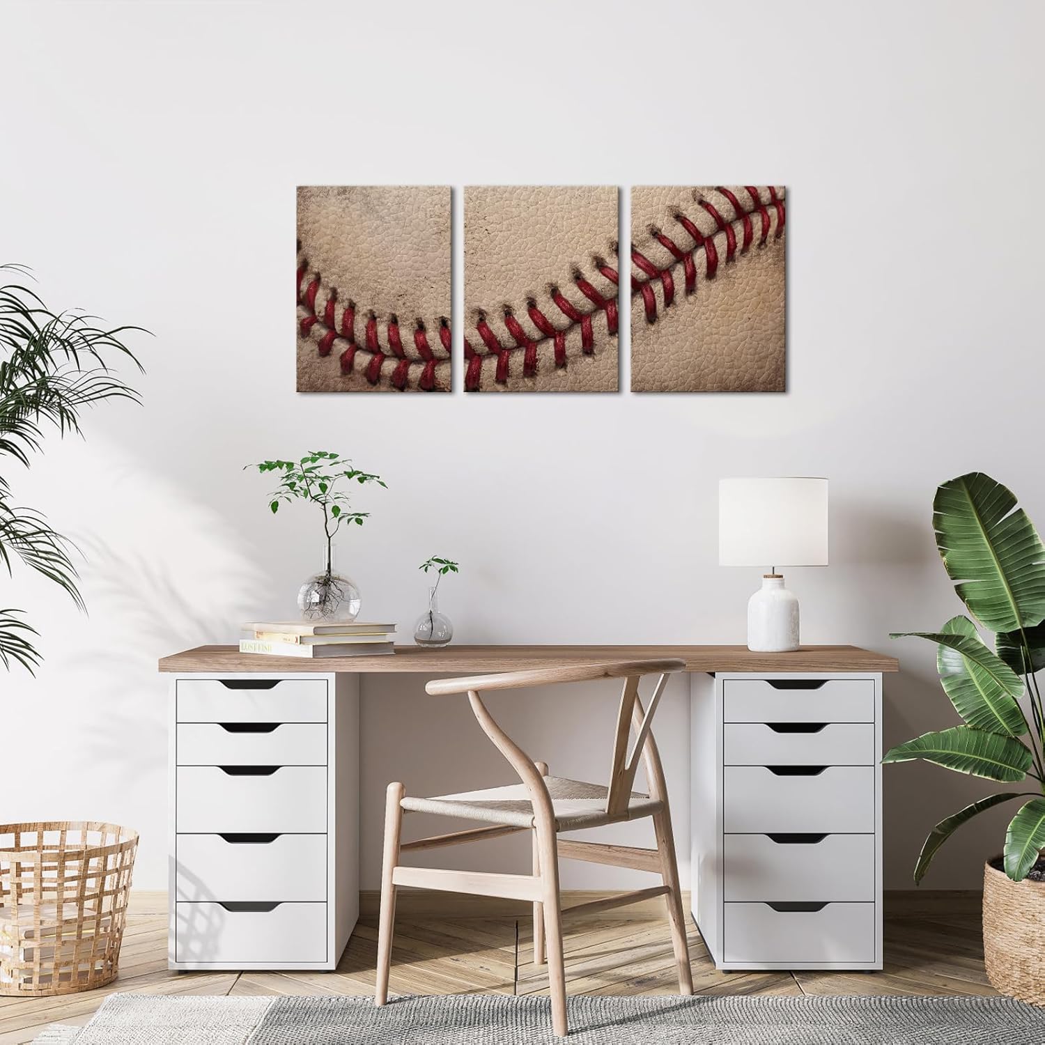 Artsbay Baseball Wall Art Set Close Up Details of Baseball Stitching Sports Modern Retro Rustic Artwork for Men Kids Teenagers Boys Bedroom Decor Home Club Decoration 12" Wx16 H x3PCS - Image 3