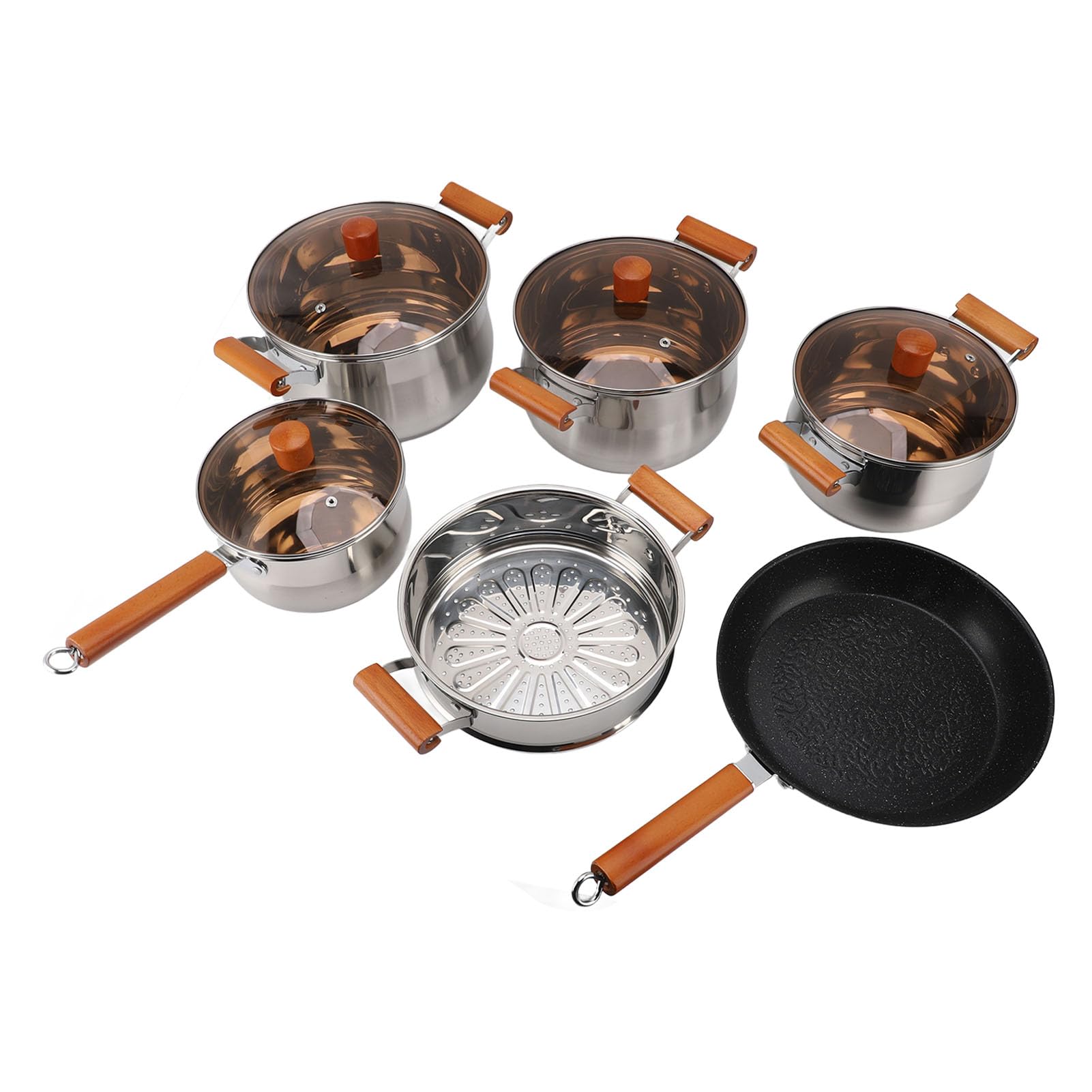 Headerbs Edelstahl-Kochgeschirrset, 201 Edelstahltöpfe und Dampfschale mit Zwei Holzgriffen und Glasdeckeln, Gleichmäßige Erwärmung Zum Dämpfen Kochender Suppen für Hobbyköche