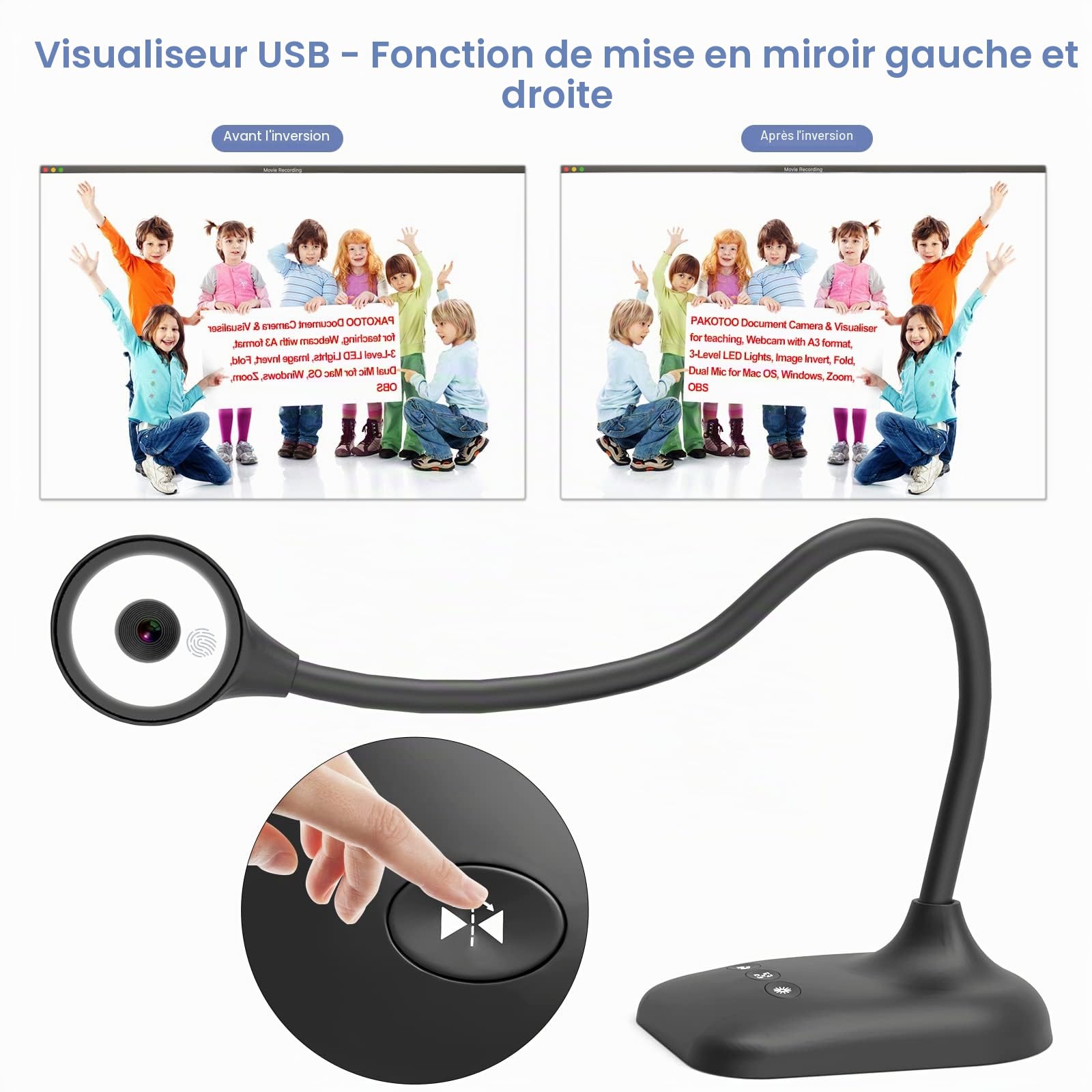 USB Visualiseur & Caméra de Document pour Format A3, Lumières LED à 3 Niveaux, iOS à 5 Niveaux, Inversion d'image, Pliage avec Zoom, Skype, Teams, OBS. pour Windows, macOS, Linux, Chromebook