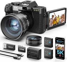 5K Digital Camera 64MP with Autofocus & 180° Flip Screen, 16X Zoom, wifi, Includes Macro/Wide-Angle Lenses, 64GB TF Card & 2 Batteries. Perfect for YouTube Beginners and Travel
