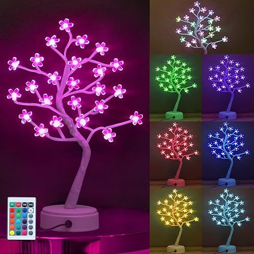 Luz de árbol de cerezo con control remoto que cambia de color, árbol de bonsái artificial iluminado mini lámpara de árbol de Navidad para bodas,