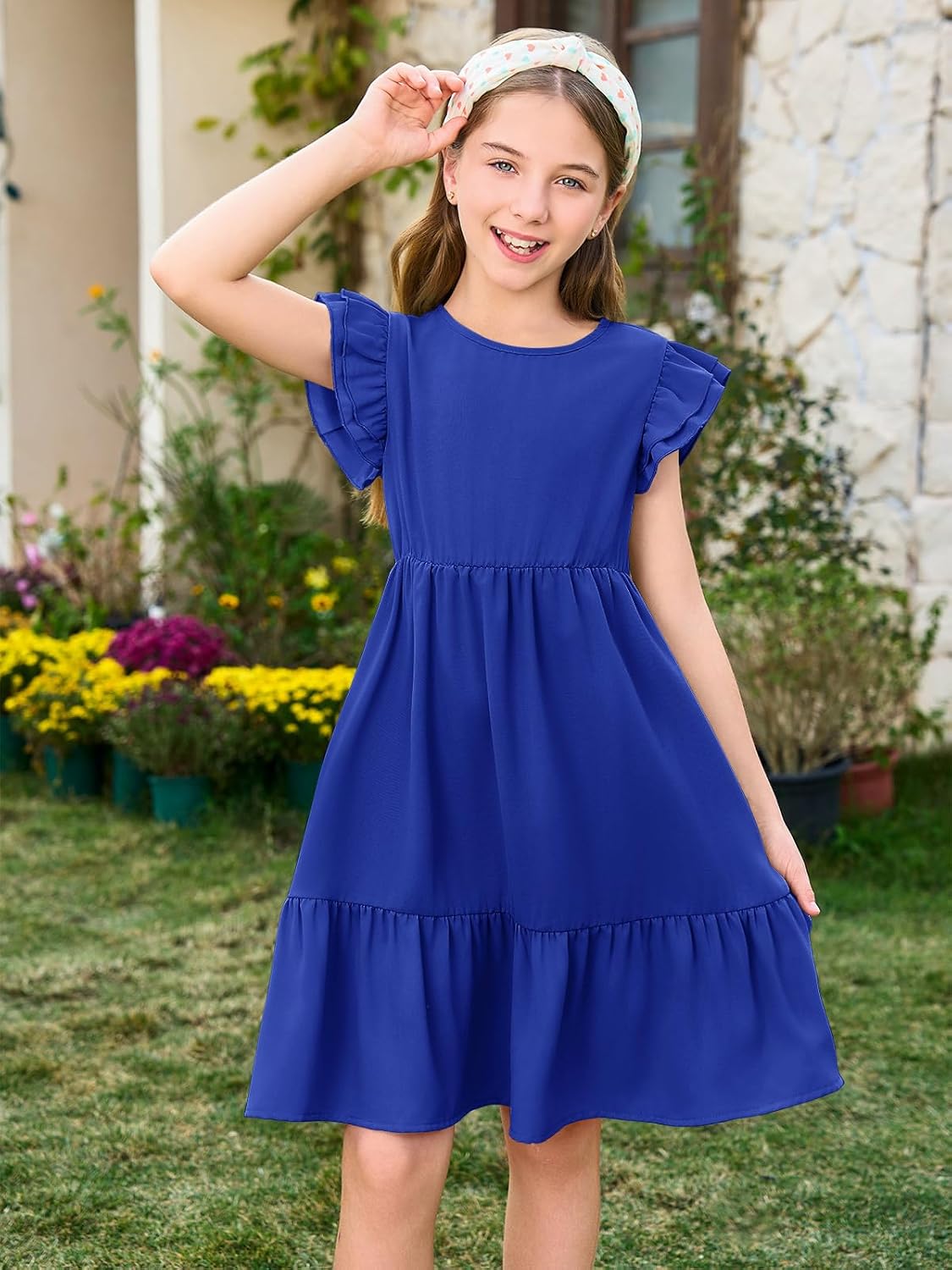 Haloumoning Girls Dresses Kids Summer Double Layer Ruffle Sleeve Dress image 2