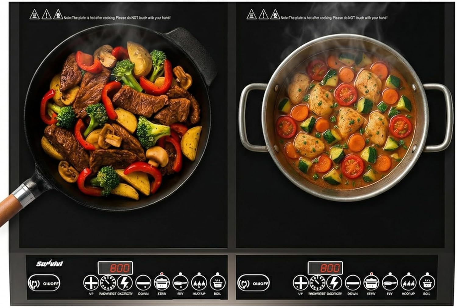 Commercial Electric Induction Cooktop, 1000W+800W Double Burner, Dual Induction Hot Plate, Professional Countertop Burner Stove with Timer, 8 Power & 8 Temp Setting, LED Screen, Black