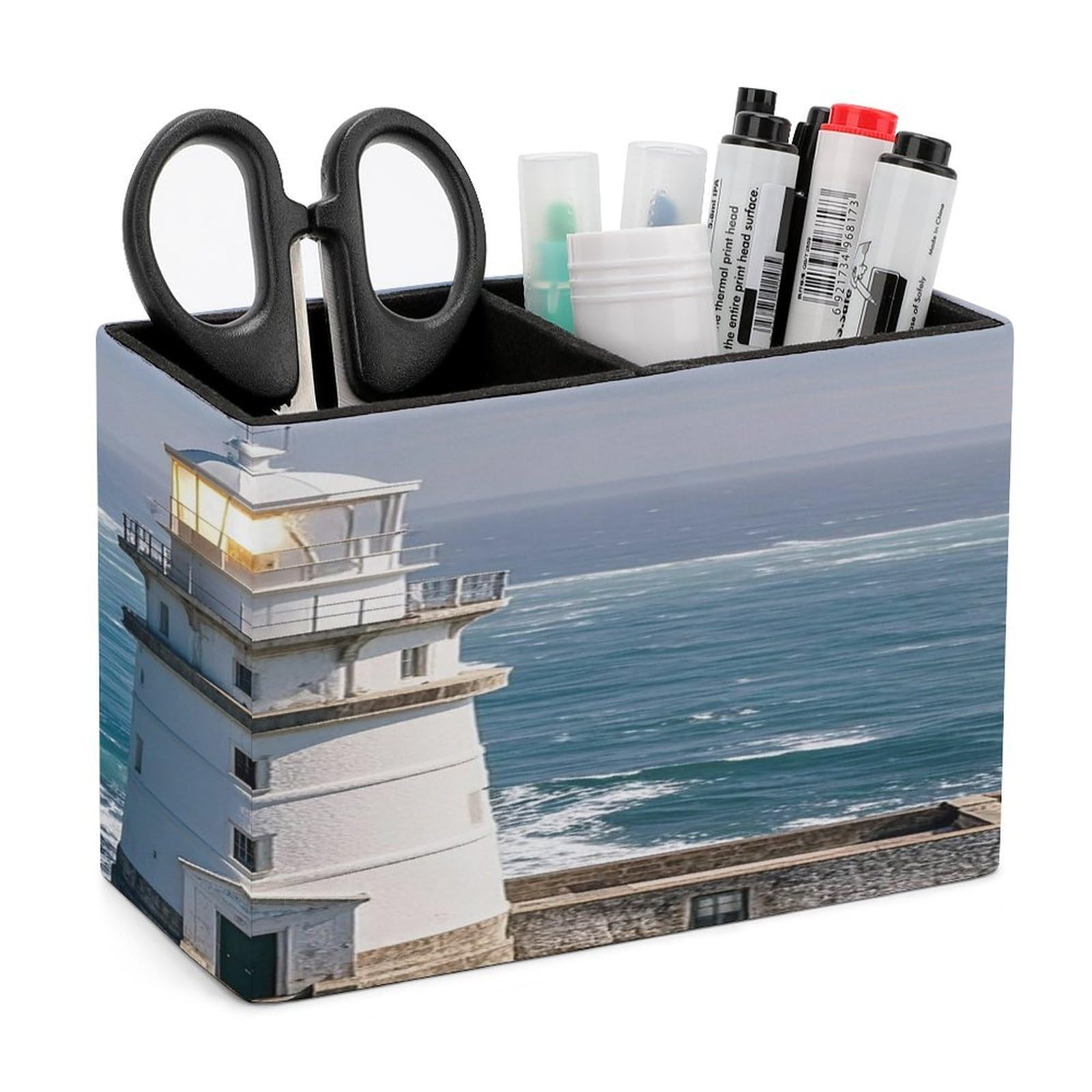 FekiLoot Lighthouse Sandbeach Pen Holders for Desk Small Remote Control Holder Leather Pencil Cup with Double Compartments Desktop Organizer for Table Desk Office Space Saving