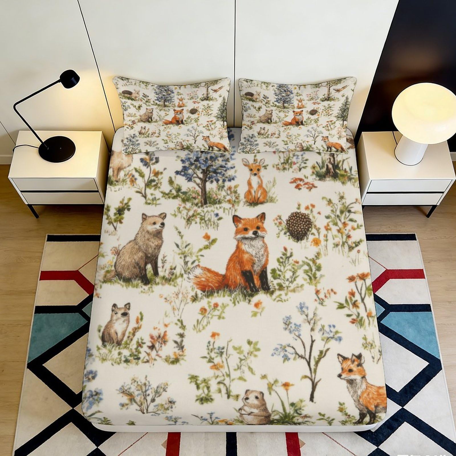 3D Printed Forest Fox Fitted Sheet Microfiber Anti-Slip Woodland Animal Mattress Cover Bedroom Dorm Easy Care Decor 120x200x25cm