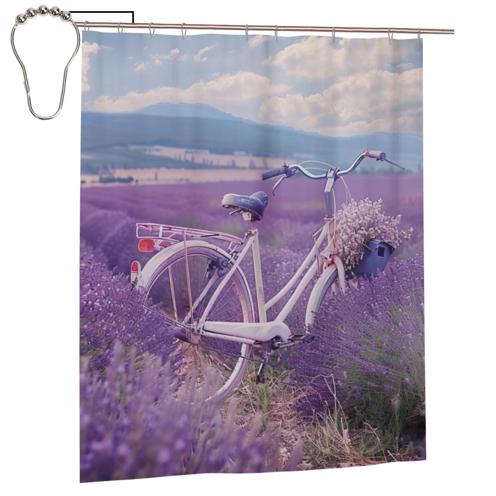 BWWHCCTI Lavender Field Retro Bike Agriculture Printed Shower Curtain With 12 Iron Hooks Opaque Quick Drying Waterproof Shower Curtains Sets For Bathroom 152x183 Cm