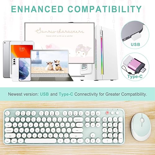 Vista 79 de Combo de teclado y mouse inalámbricos, colorido teclado ergonómico de tamaño completo con diseño retro, silencioso, con teclas bonitas, compatible