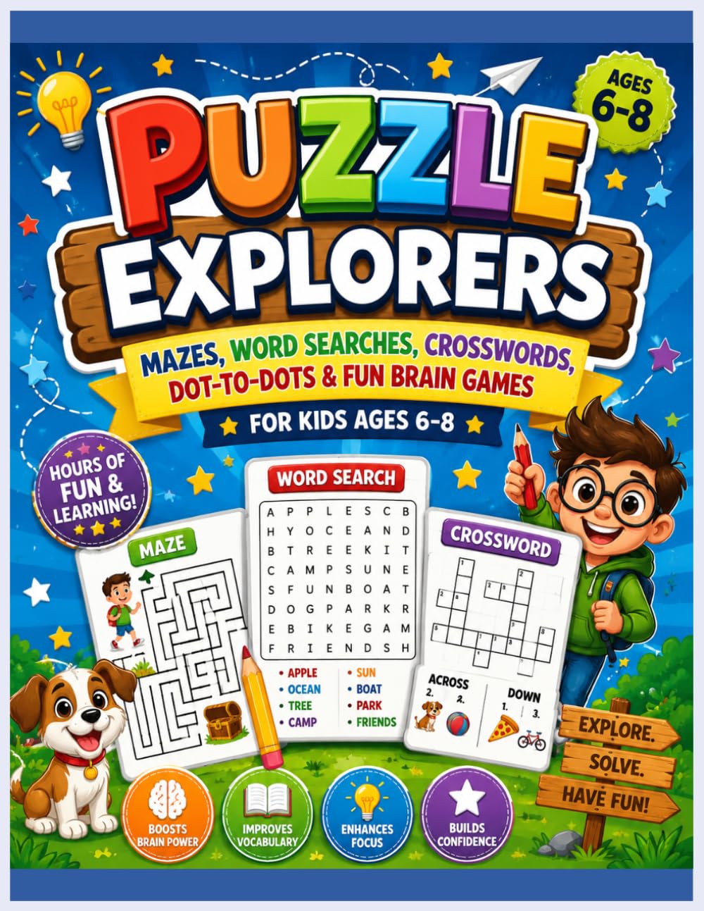 Puzzle Explorers: Mazes, Word Searches, Crosswords, Dot-to-Dots & Fun Brain Games for Kids Ages 6-8 | Educational Activities to Boost Logic, Focus, Vocabulary & Problem-Solving Skills