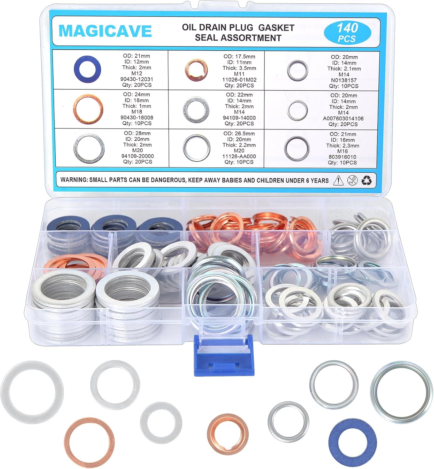 140PCS Premium Oil Drain Plug Gasket Assortment, Durable Oil Crush Washer Seals Kit, Compatible with Toyota, Honda, Subaru, VW, Audi, Mercedes Benz - Leak-Proof Protection